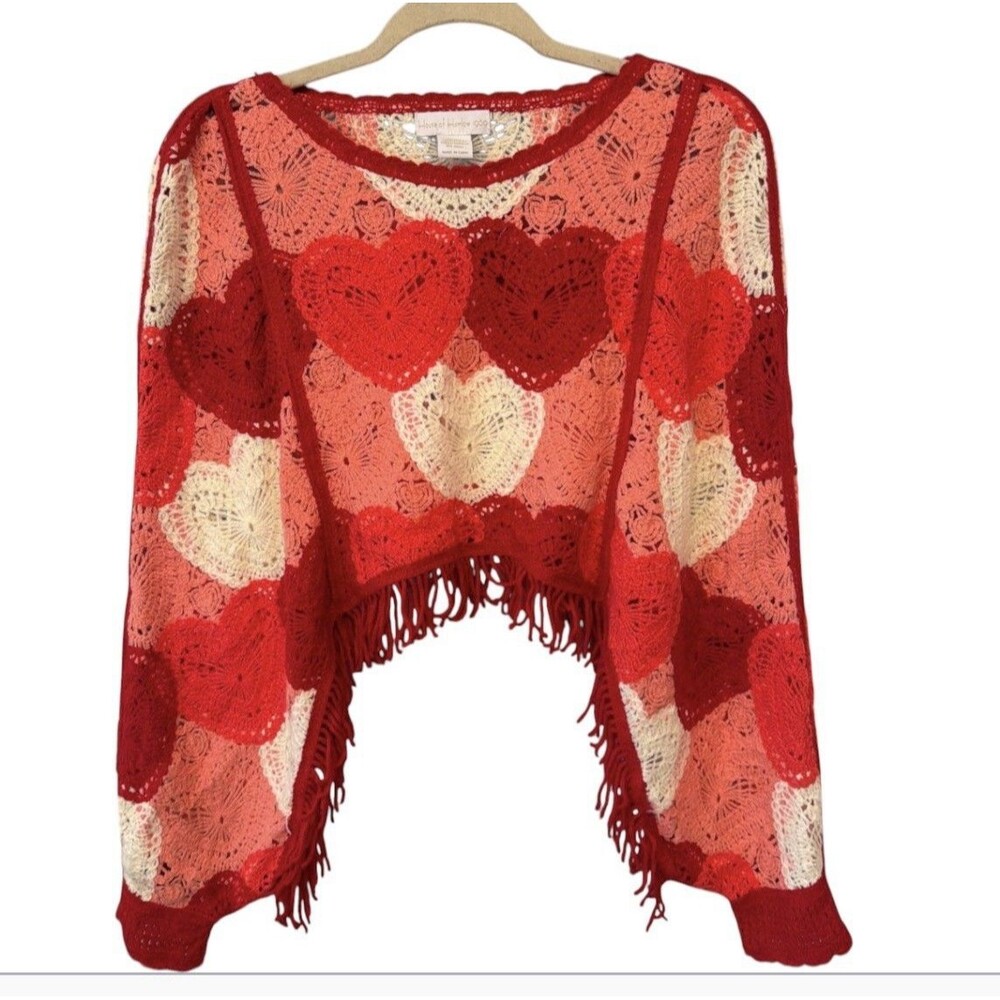 House of Harlow 1960 Crochet Heart-Pattern Fringe Sweater Shawl One Size
